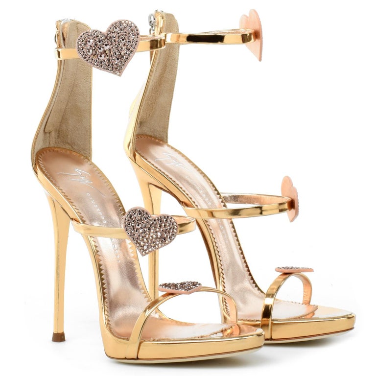 Giuseppe Zanotti NEW Gold Crystal Heart Strappy Evening Sandals Heels ...
