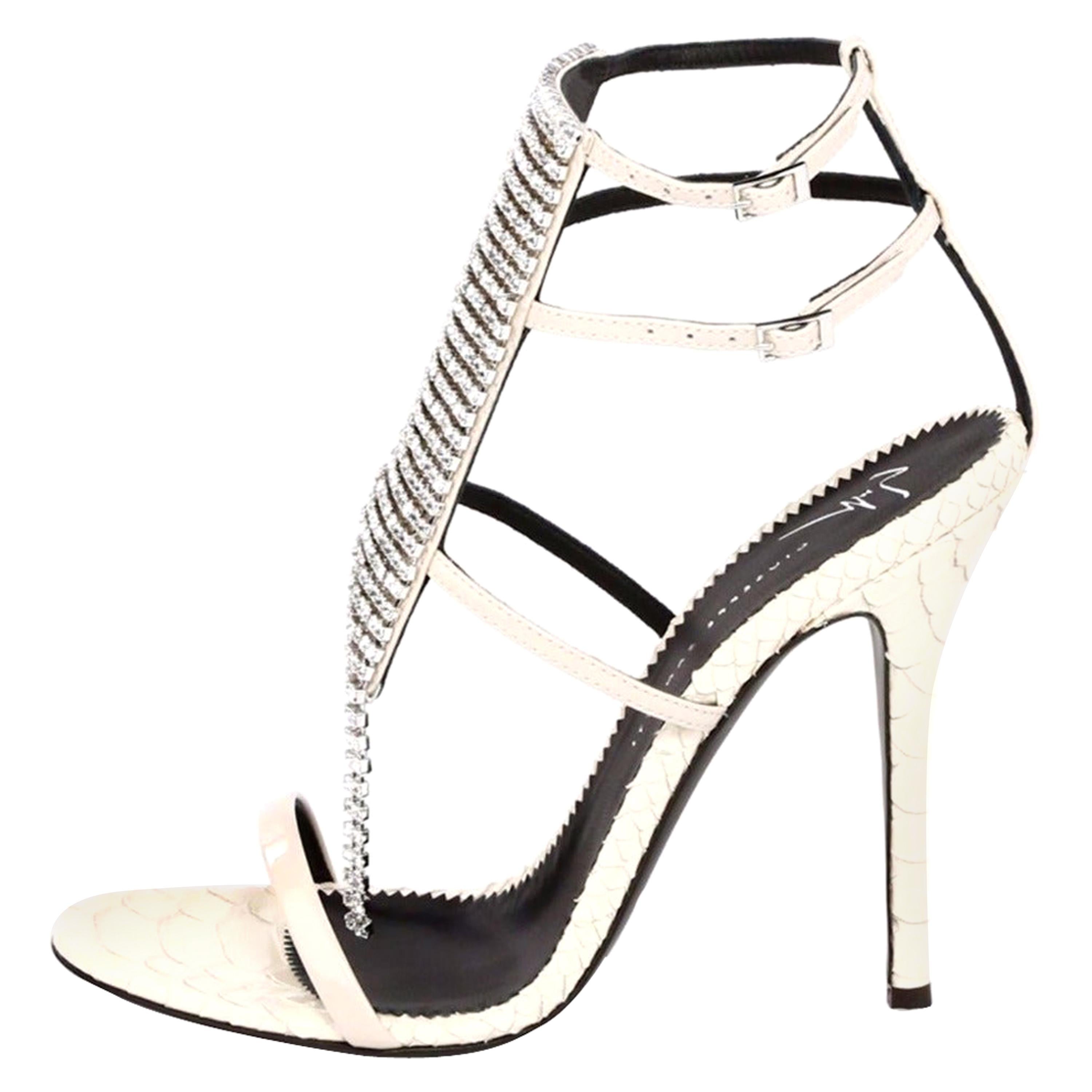Giuseppe Zanotti NEW Ivory Leather Crystal Strappy Evening Sandals Heels in Box
