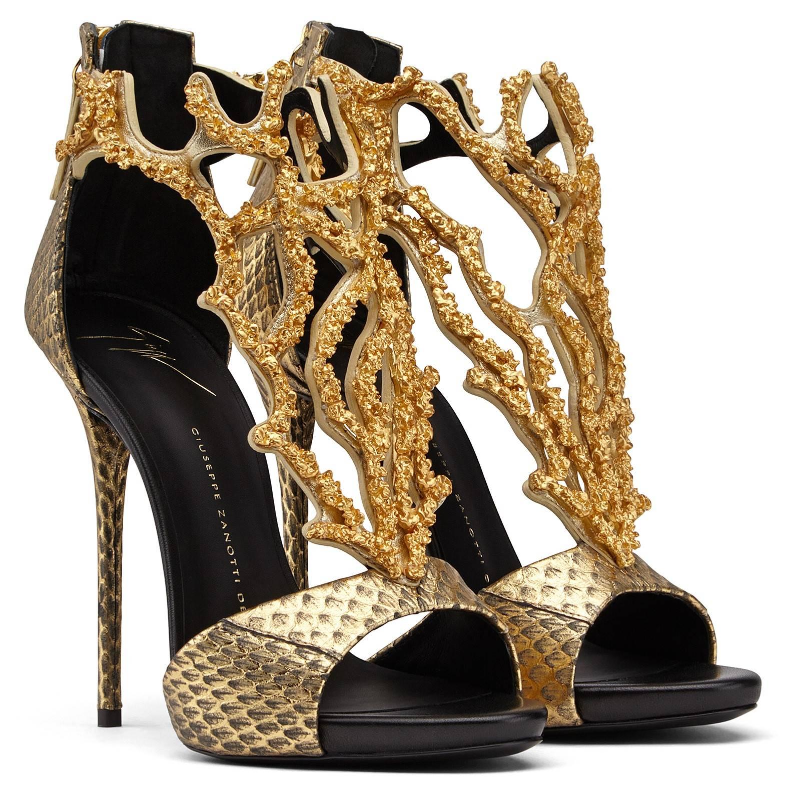 Giuseppe Zanotti New Leather Gold Coral Crystal Evening Sandals Heels in Box

Size IT 36 - Our only pair!
Python embossed leather
Crystal
Made in Italy
Zipper closure
Heel height 4.75