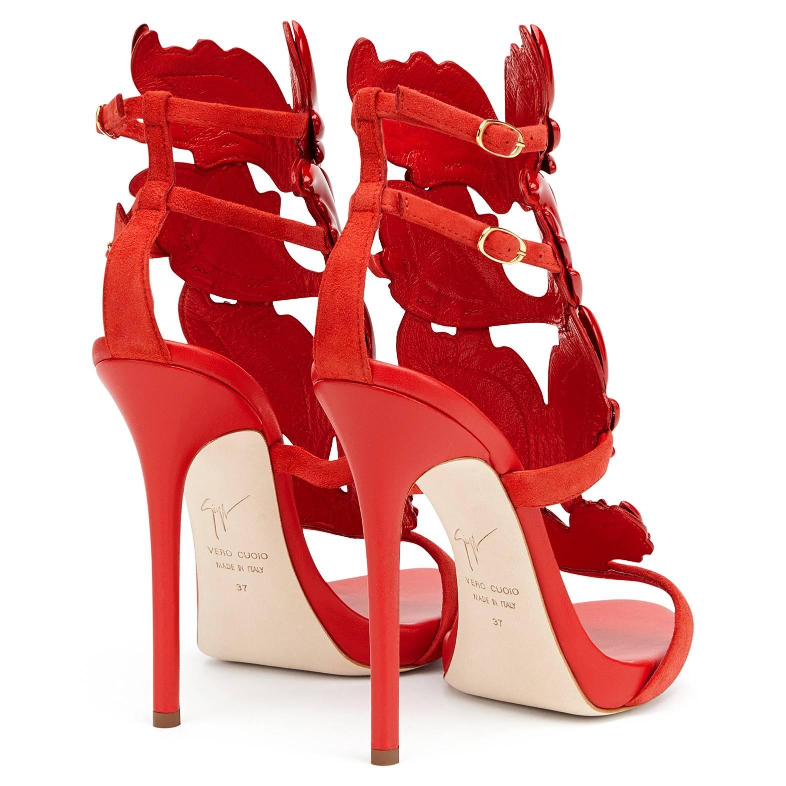 Giuseppe Zanotti New Red Suede Wing Evening Strappy Sandals Heels  In New Condition In Chicago, IL