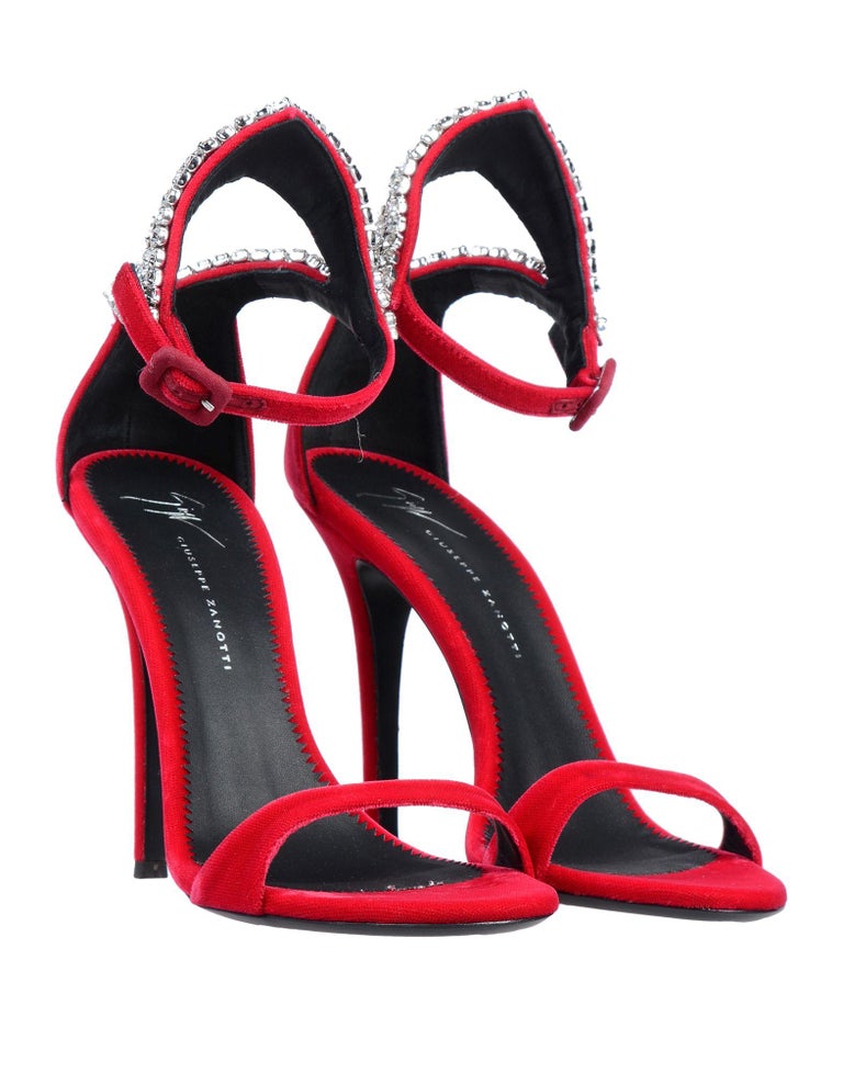 Giuseppe Zanotti NEW Red Velvet Rhinestone Evening Sandals Heels in Box For  Sale at 1stDibs | red velvet heels, red rhinestone heels, red evening  sandals