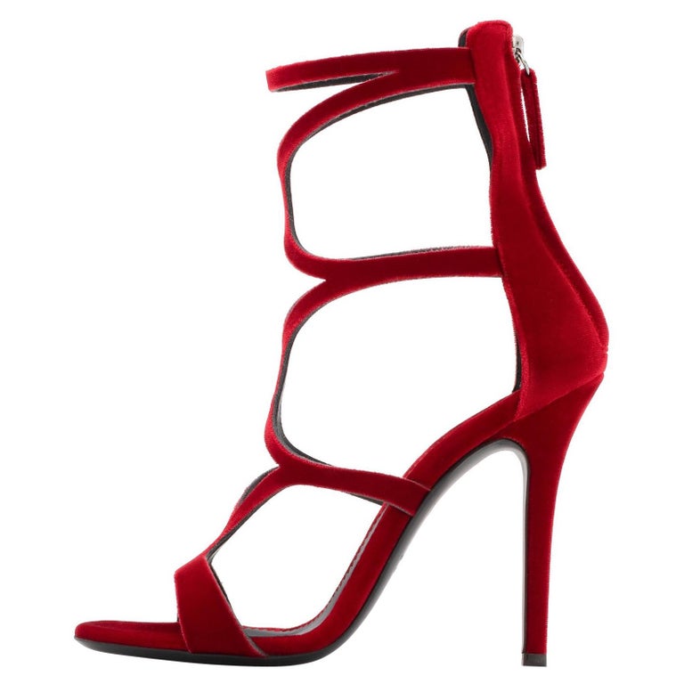 Giuseppe Zanotti NEW Red Strappy Evening Sandals Heels in Box For Sale 1stDibs | red velvet heels, red strappy heels, velvet sandals heels