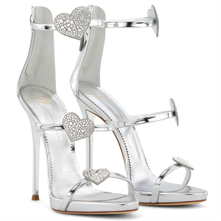 Giuseppe Zanotti NEW Silver Crystal Heart Strappy Evening Sandals Heels