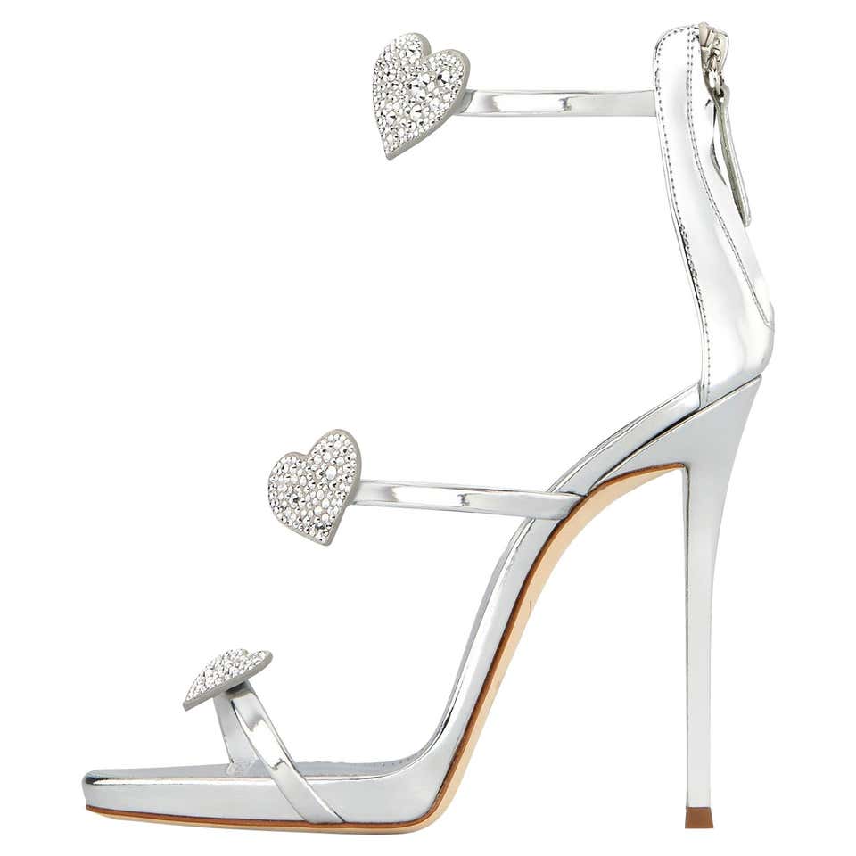 Giuseppe Zanotti NEW Silver Crystal Heart Strappy Evening Sandals Heels in Box For Sale at