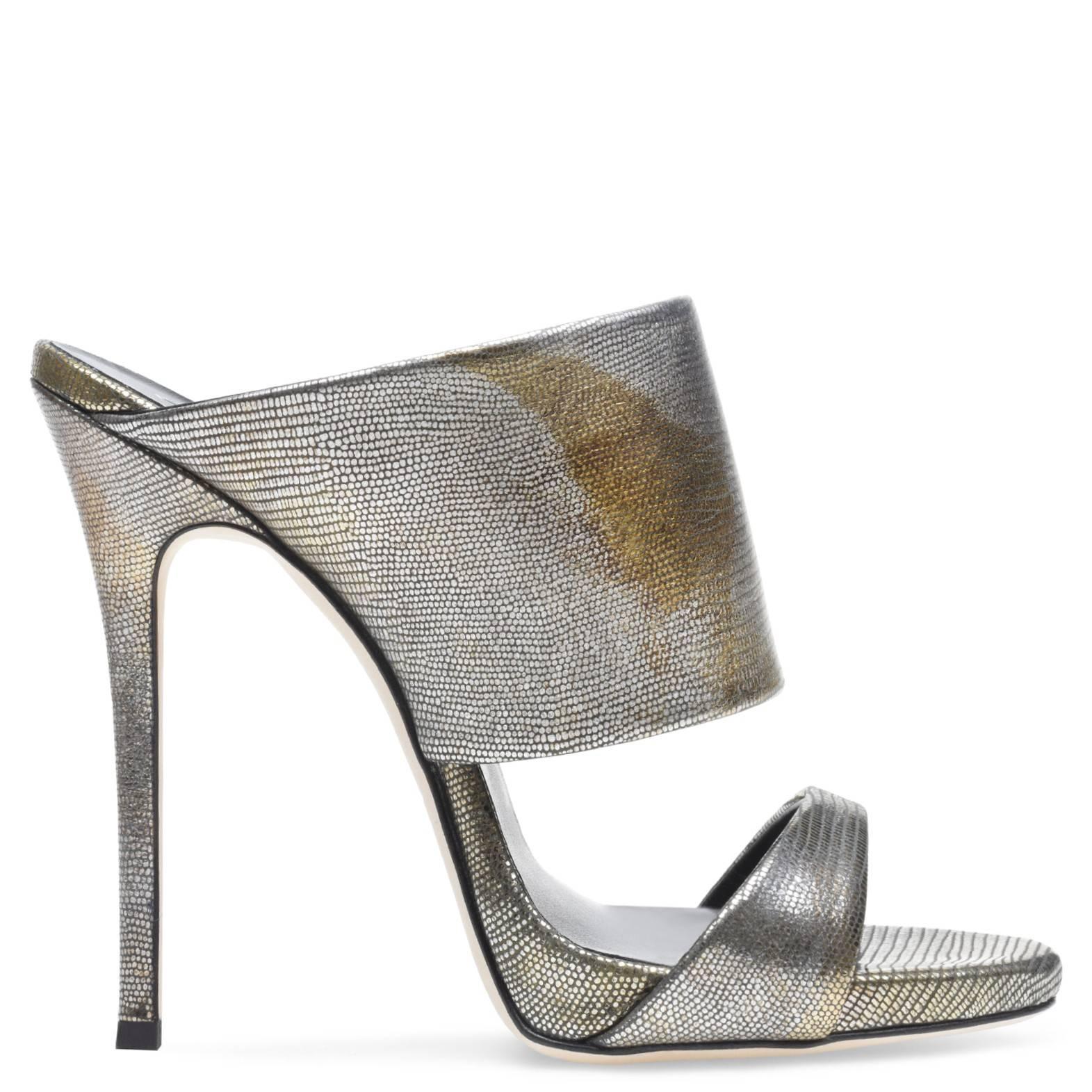 Giuseppe Zanotti New Silver Gold Leather Slide In Mules Evening Heels  In New Condition In Chicago, IL