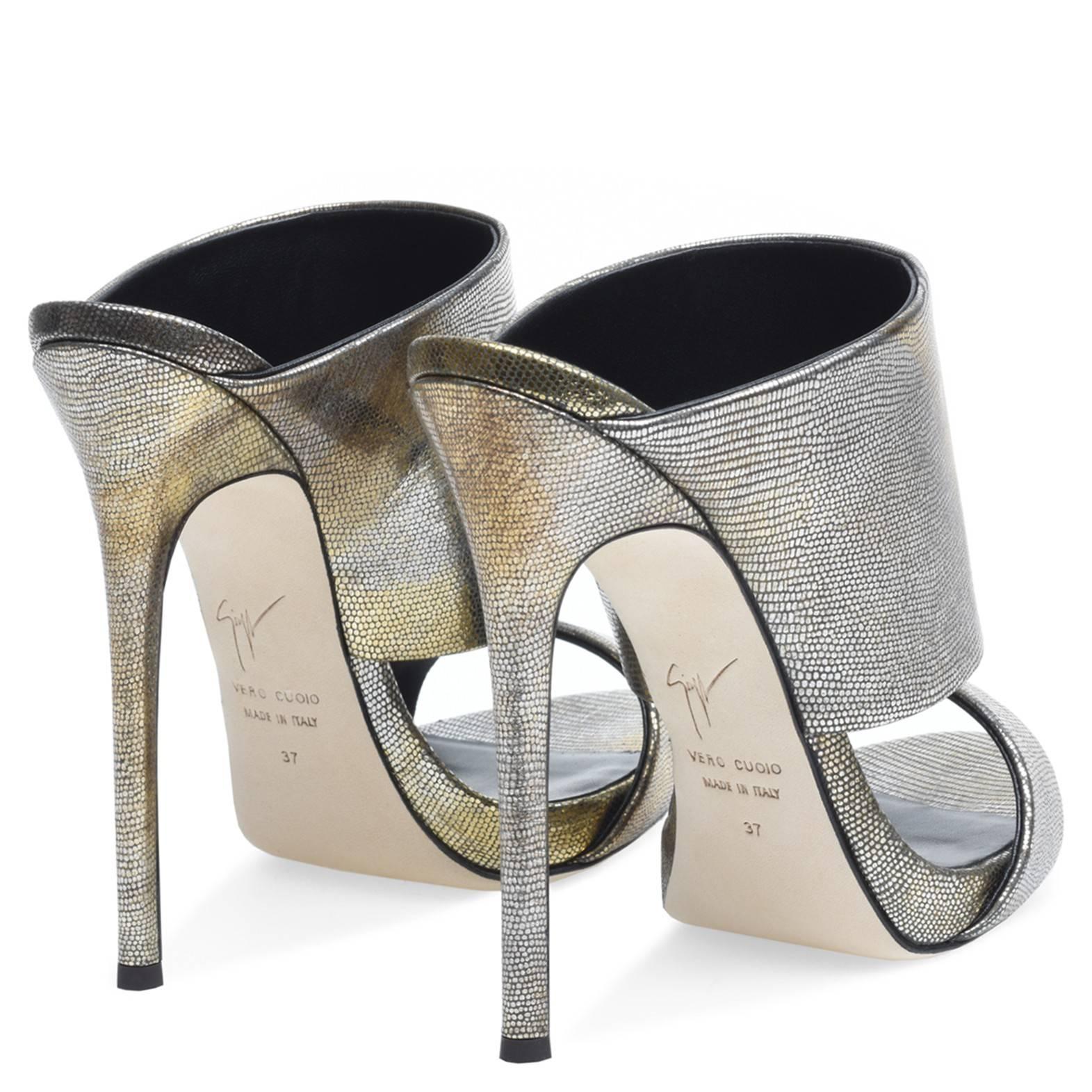 Women's Giuseppe Zanotti New Silver Gold Leather Slide In Mules Evening Heels 