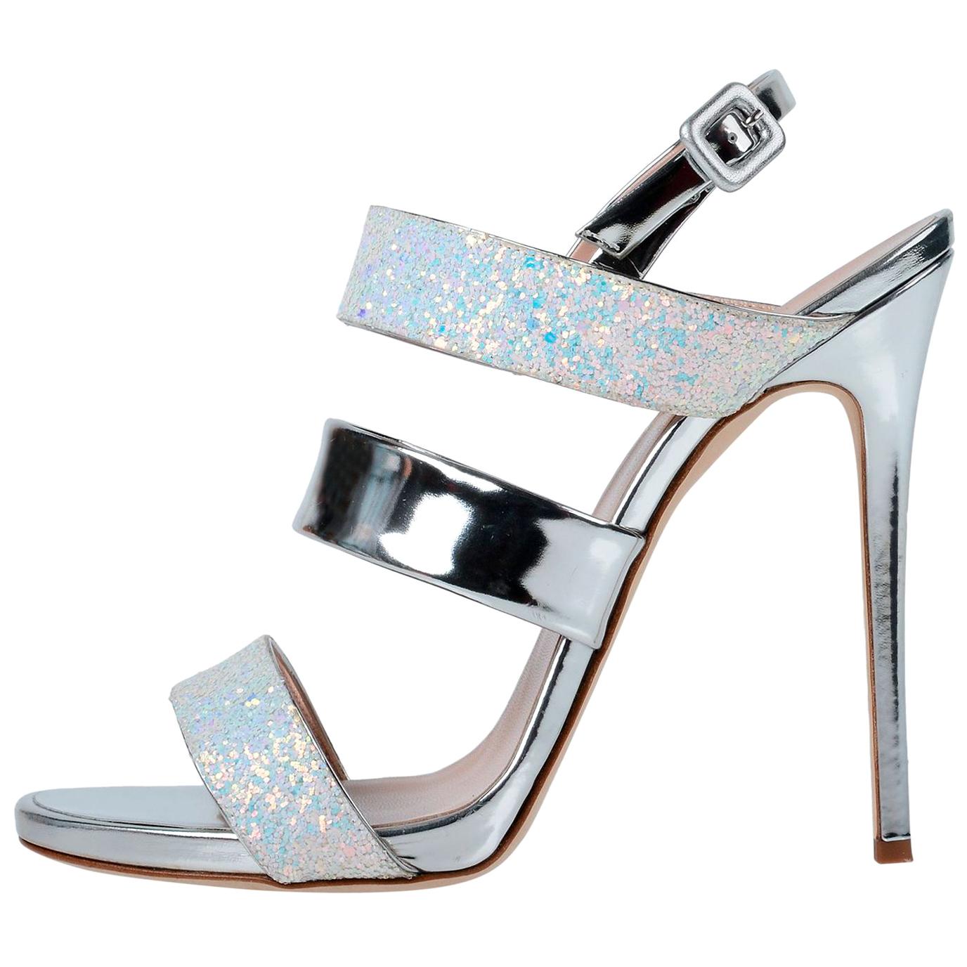 Giuseppe Zanotti NEW Silver Leather Glitter Evening Sandals Heels in Box