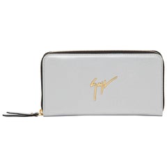 Giuseppe Zanotti NEW Silver Leather Metal Logo Top Zip Clutch Wallet in Box