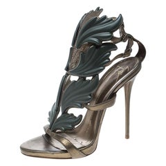 Giuseppe Zanotti Olive Green Leather Argent Embellished Strappy Sandals Size 37
