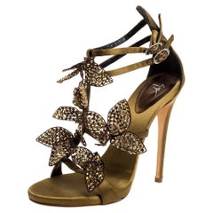 Giuseppe Zanotti Olive Green Satin Leaf Embellishment Sandals Size 37