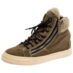 Used Giuseppe Zanotti Olive Green Suede Leather And Shearling Trim Sneakers Size 38