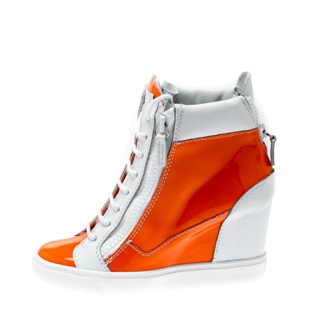 Giuseppe Zanotti Orange And White Leather High Top Wedge Sneakers Size 37.5 For Sale at 1stDibs orange wedge sneakers