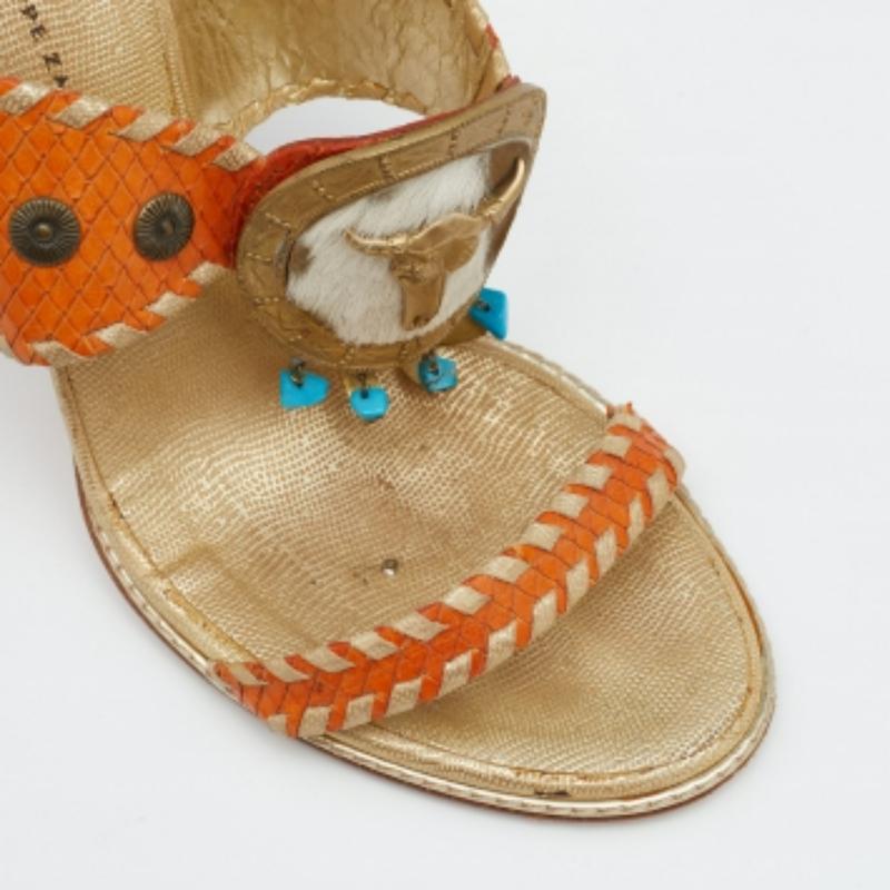Giuseppe Zanotti Sandali in pelle goffrata pitonata arancione/oro 37 in vendita 1
