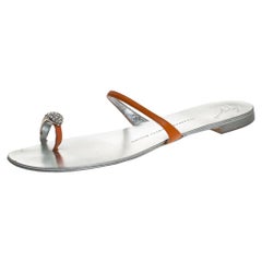 Giuseppe Zanotti Orange Leather Crystal Toe Ring Sandals Size 37.5