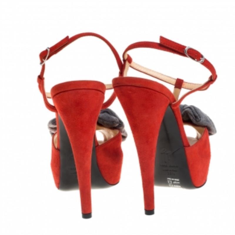 Red Giuseppe Zanotti Orange Suede Bow Platform Sandals Size 38.5 For Sale