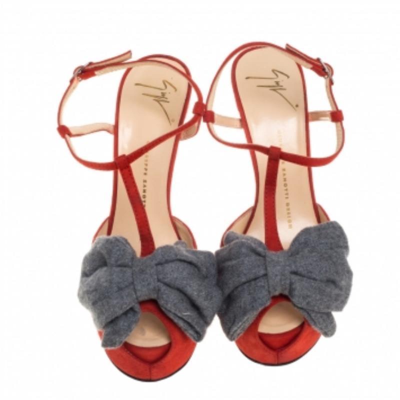 Women's Giuseppe Zanotti Orange Suede Bow Platform Sandals Size 38.5 For Sale