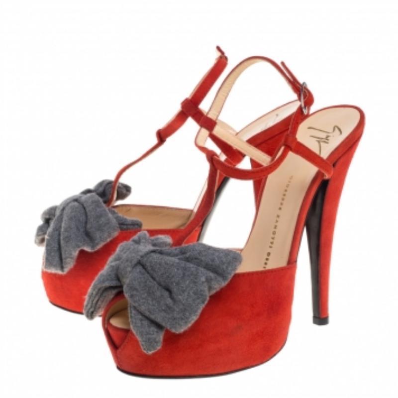 Giuseppe Zanotti Orange Suede Bow Platform Sandals Size 38.5 For Sale 1