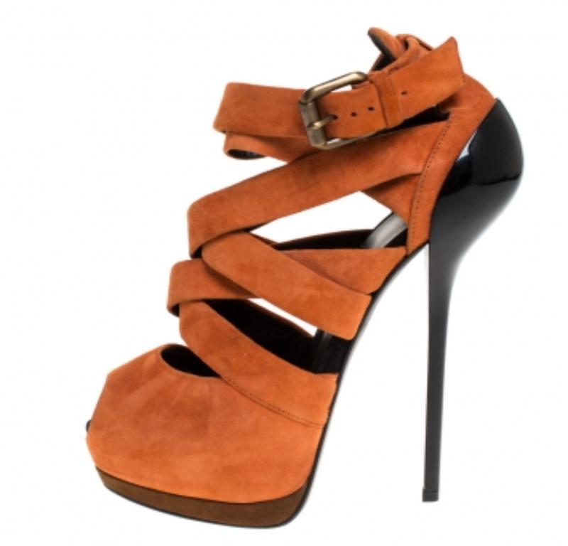 Sandales compensées Giuseppe Zanotti en daim orange à lanières et bouts ouverts, taille 38 en vente 1