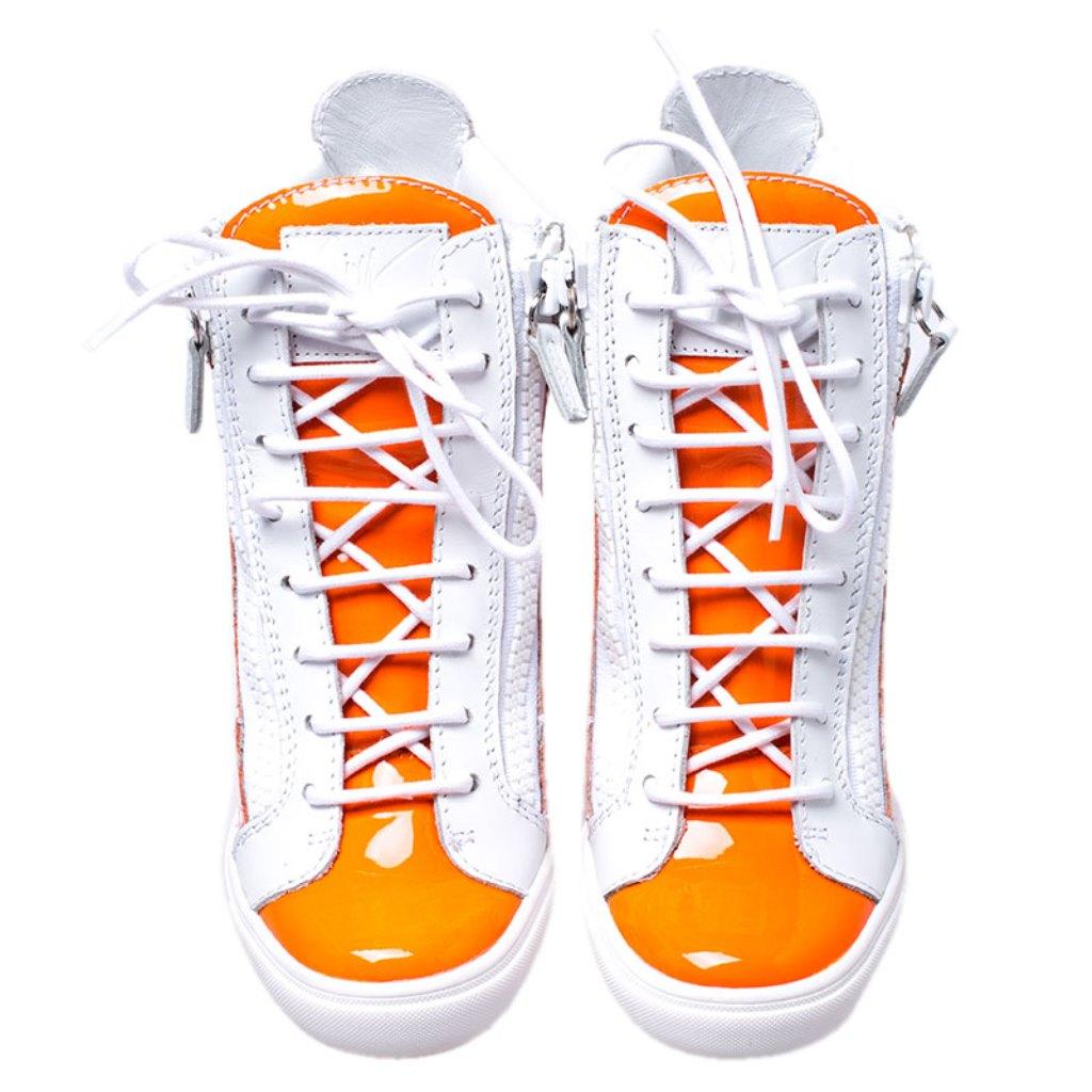 Gray Giuseppe Zanotti Orange/White Patent Leather Hidden Wedge Sneakers Size 38.5