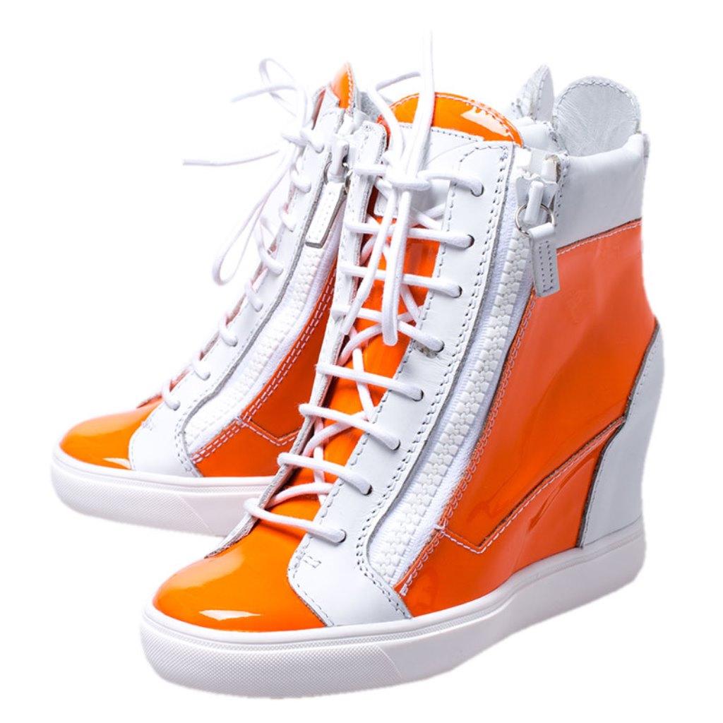 Giuseppe Zanotti Orange/White Patent Leather Hidden Wedge Sneakers Size 38.5 In New Condition In Dubai, Al Qouz 2
