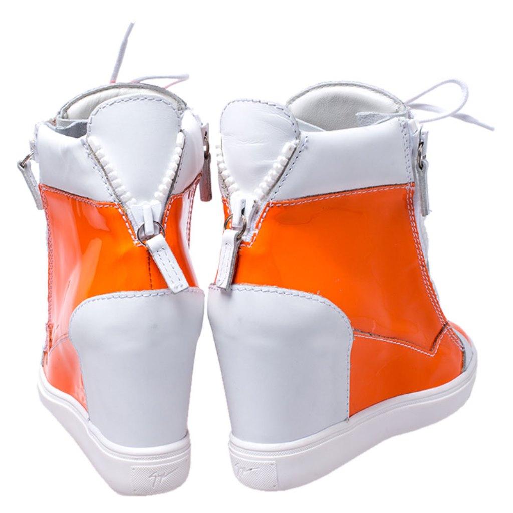Women's Giuseppe Zanotti Orange/White Patent Leather Hidden Wedge Sneakers Size 38.5