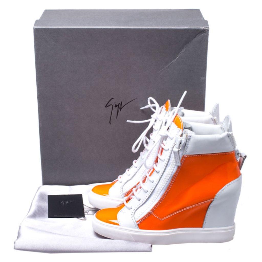 Giuseppe Zanotti Orange/White Patent Leather Hidden Wedge Sneakers Size 38.5 3