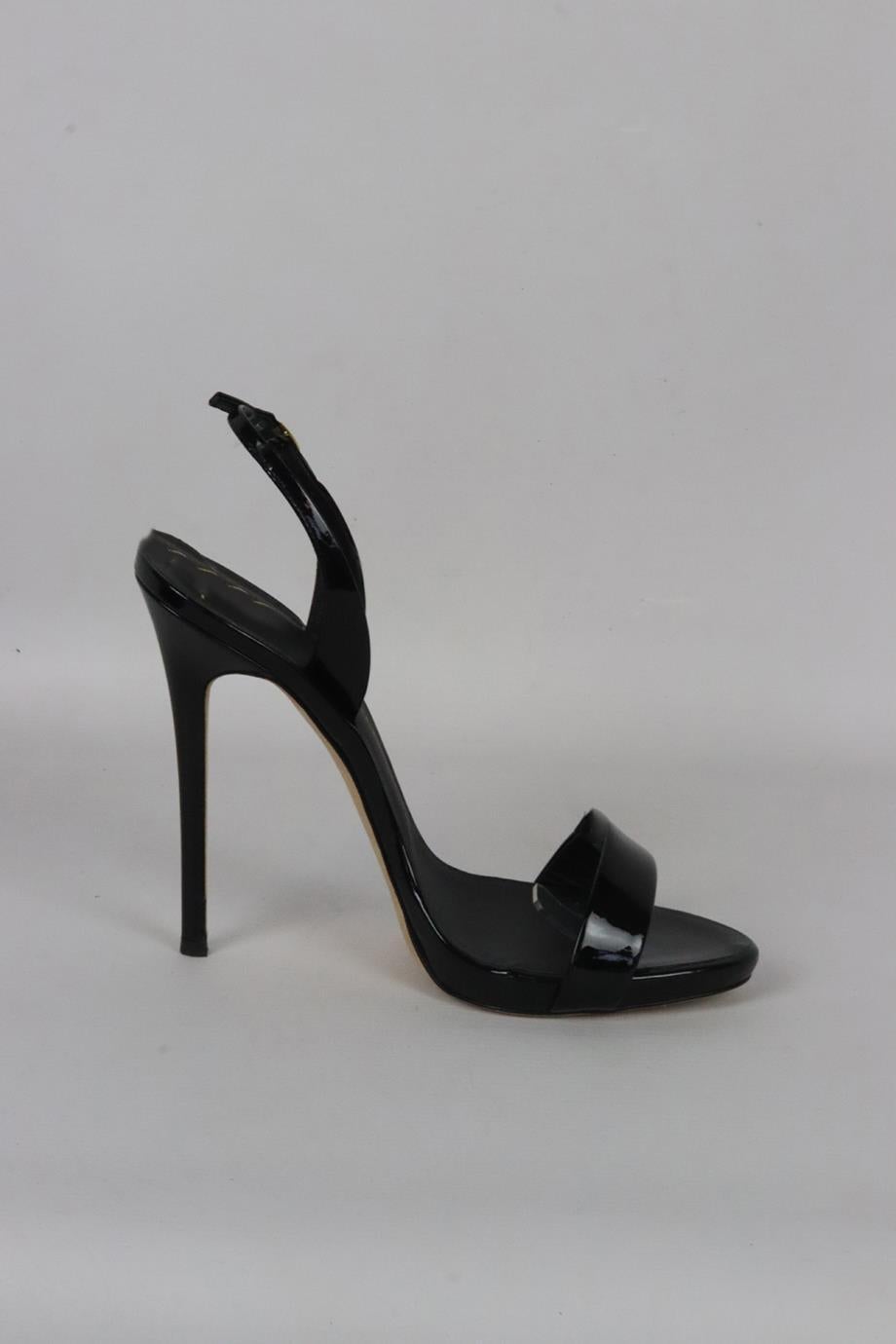 Guiseppe Zanotti patent leather sandals. Black. Pull on. Does not come with dustbag or box. Size: EU 38.5 (UK 5.5, US 8.5). Insole: 9.6 in. Heel Height: 3.6 in. Platform: 0.5 in. Very good condition - Some wear to soles; see pictures