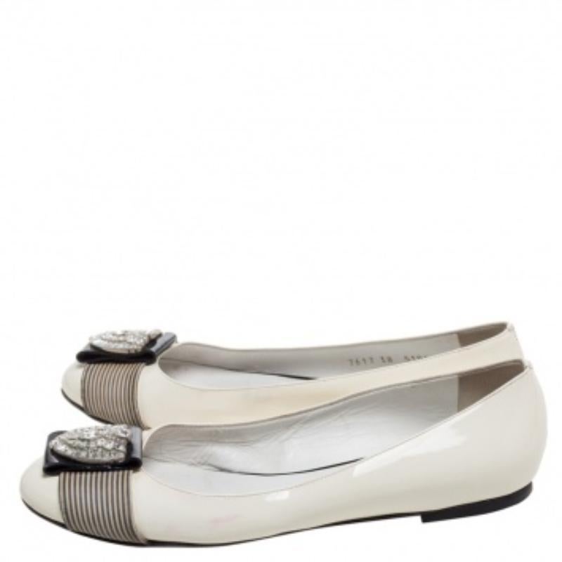 Giuseppe Zanotti Patent Leather & Striped Fabric Embellished Ballet Flats Size38 For Sale 2