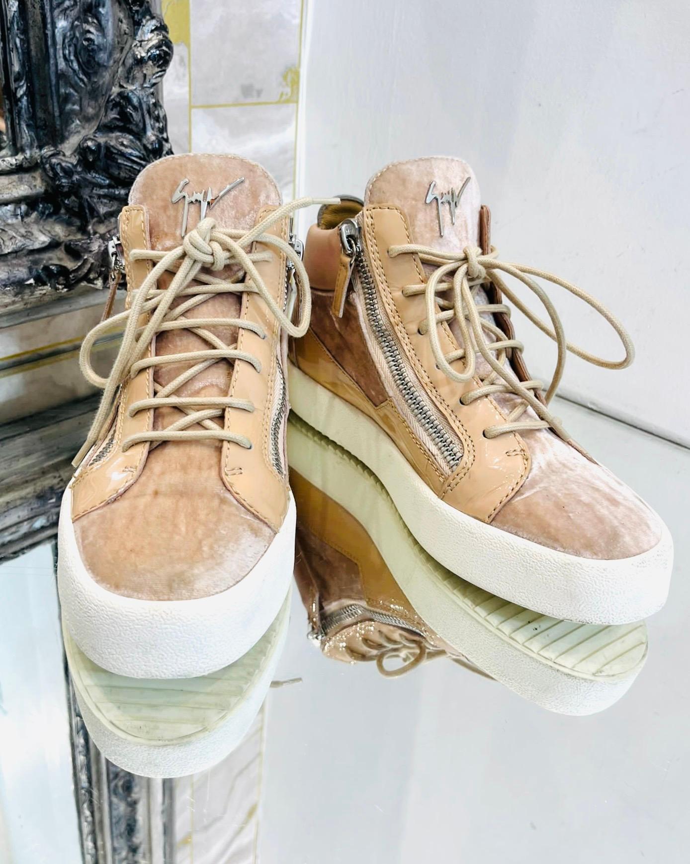 Beige Giuseppe Zanotti Patent Leather & Velvet Sneakers For Sale