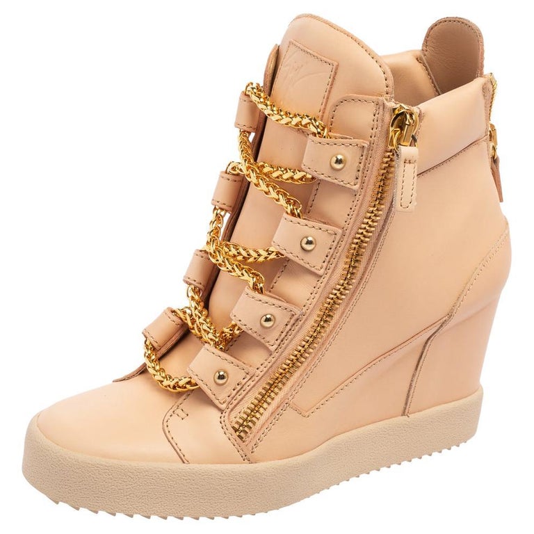 Giuseppe Zanotti Peach Pink Leather Chain Detail High-Top Wedge Sneakers  Size 41 For Sale at 1stDibs