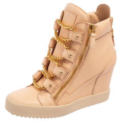 Giuseppe Zanotti Peach Pink Leather Chain Detail High-Top Wedge Sneakers Size 41