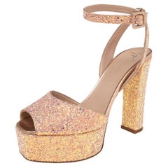 Used Giuseppe Zanotti Pink Coarse Glitter Ankle Strap Platform Sandals 40.5