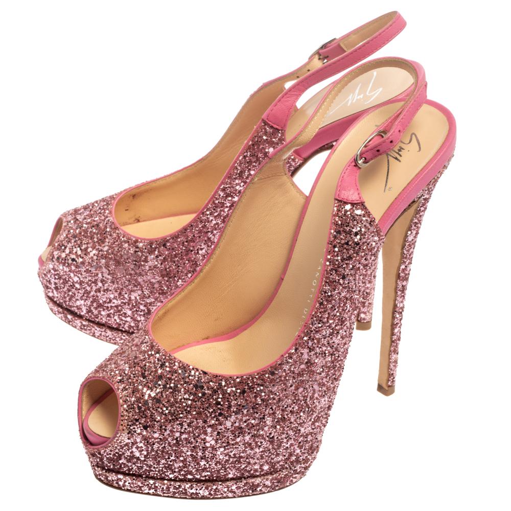 Giuseppe Zanotti Pink Glitter Fabric and Leather Peep Toe Sandals Size 39 For Sale 2