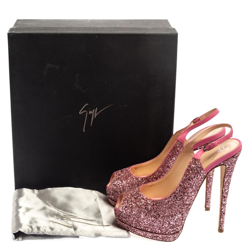 Giuseppe Zanotti Pink Glitter Fabric and Leather Peep Toe Sandals Size 39 For Sale 3