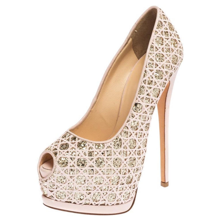 Giuseppe Zanotti Pink/Gold Lace Glitter Sharon Platform Pumps Size For Sale at 1stDibs | giuseppe zanotti pumps, giuseppe zanotti pink bow heels, giuseppe gold platform heels