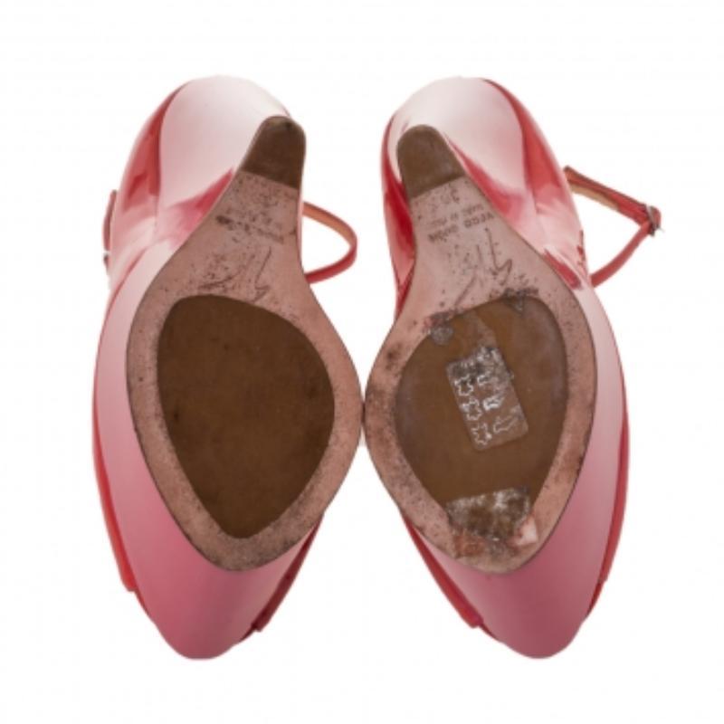 Orange Giuseppe Zanotti Pink Patent Leather Ankle Strap Platform Wedge Pumps Size 36 For Sale