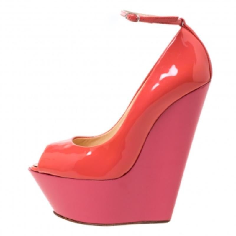 Women's Giuseppe Zanotti Pink Patent Leather Ankle Strap Platform Wedge Pumps Size 36 For Sale