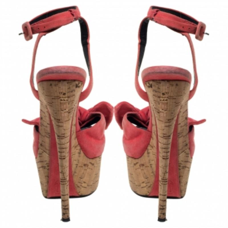 Brown Giuseppe Zanotti Pink Suede Bow Platform Ankle Strap Sandals Size 38 For Sale