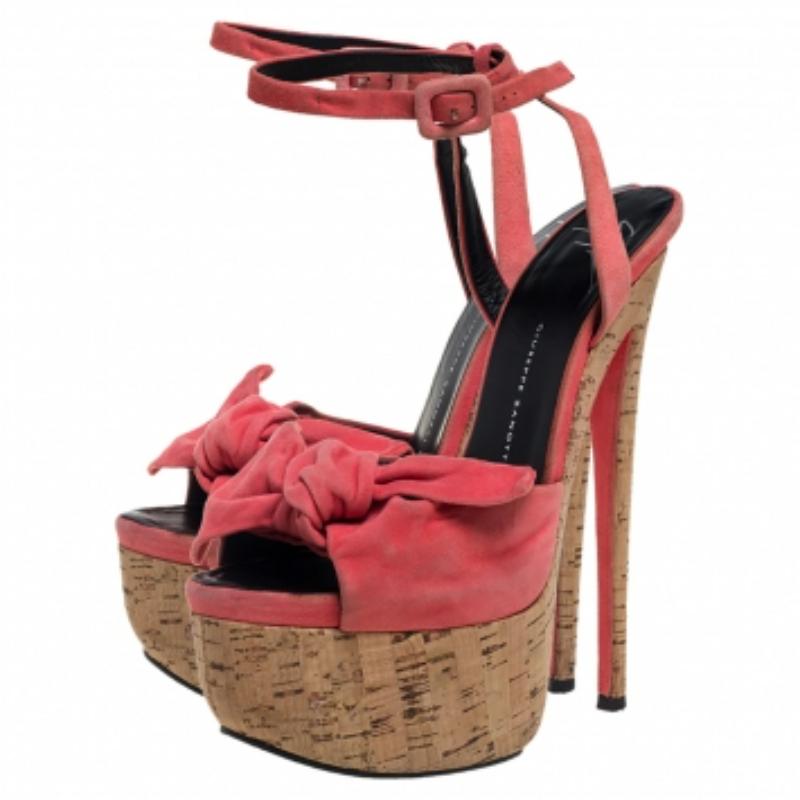 Giuseppe Zanotti Pink Suede Bow Platform Ankle Strap Sandals Size 38 For Sale 2