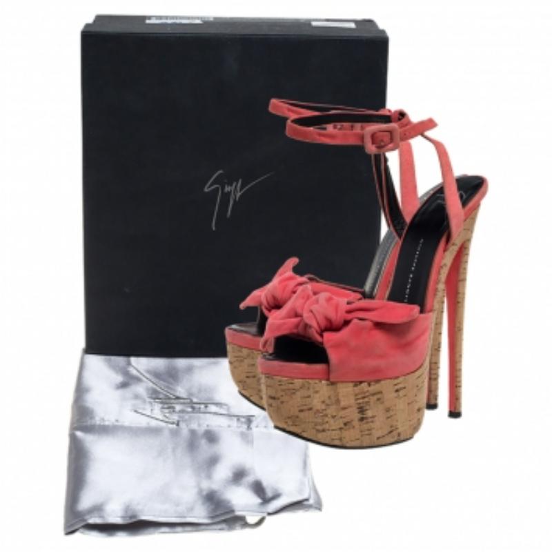 Giuseppe Zanotti Pink Suede Bow Platform Ankle Strap Sandals Size 38 For Sale 3