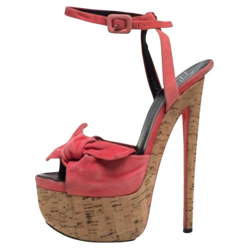 Giuseppe Zanotti Pink Suede Bow Platform Ankle Strap Sandals Size 38 For Sale