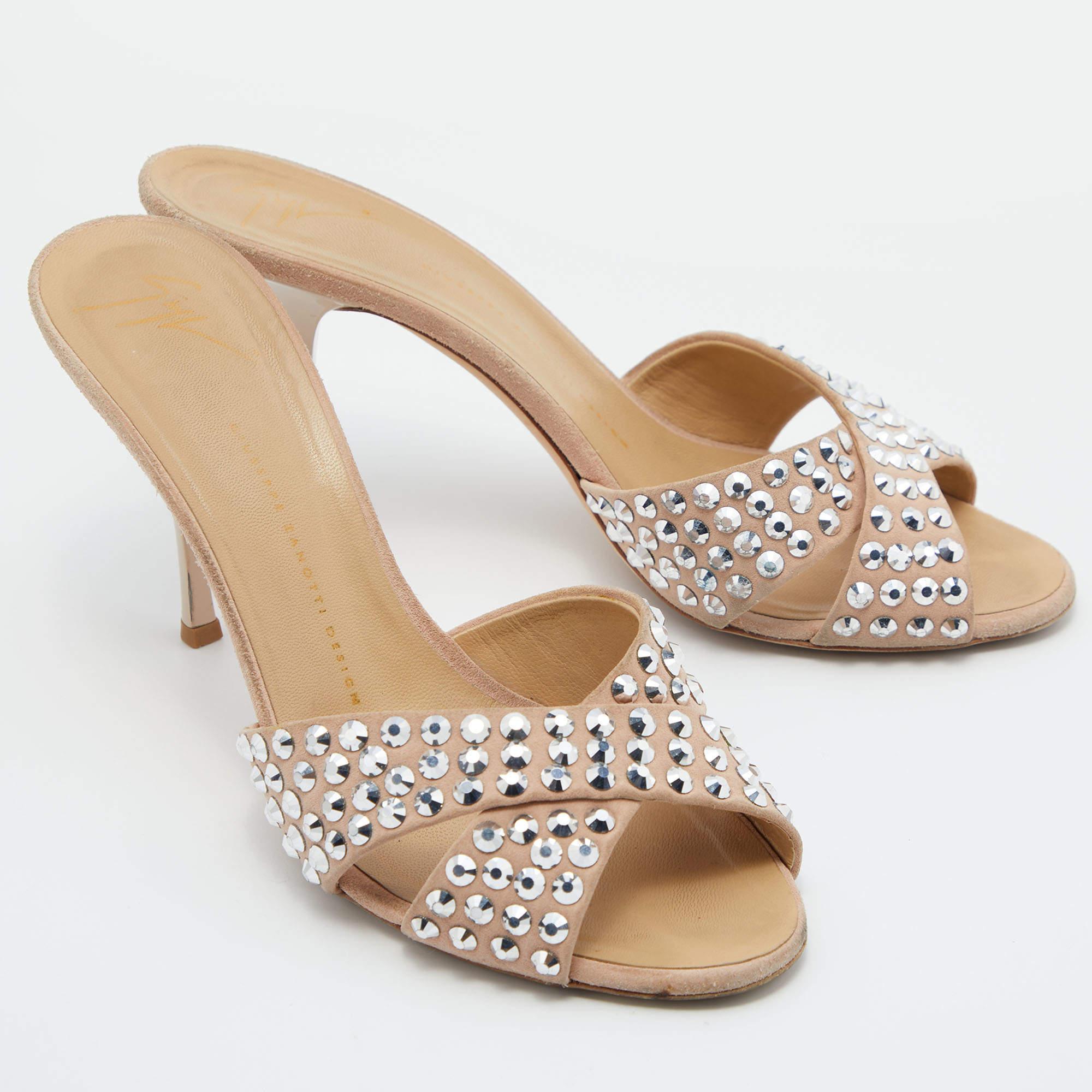 Beige Giuseppe Zanotti Pink Suede Crystal Embellished Slide Sandals Size 40