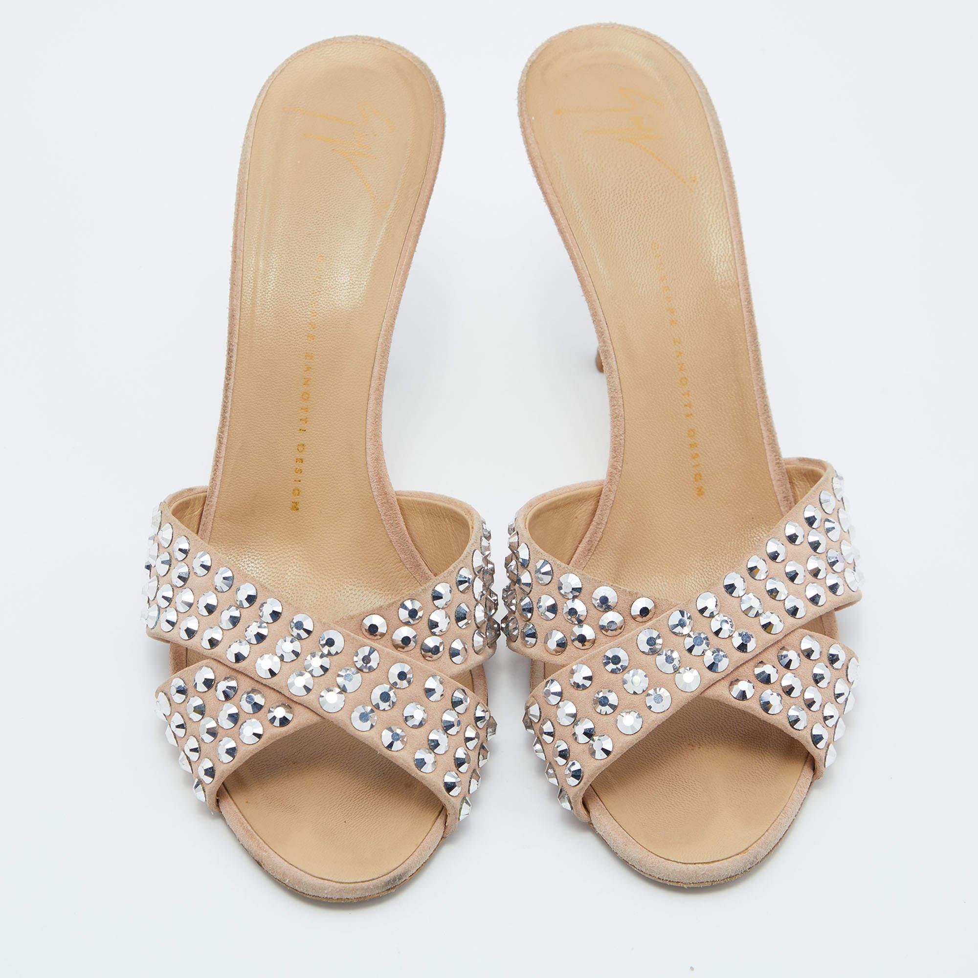 Women's Giuseppe Zanotti Pink Suede Crystal Embellished Slide Sandals Size 40