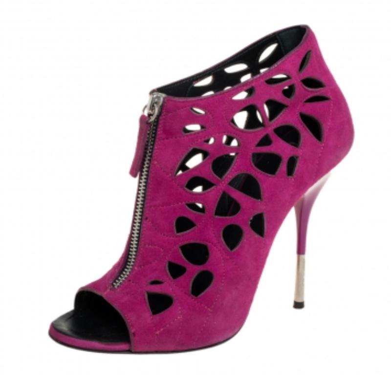 Women's Giuseppe Zanotti  Pink Suede Cutout Zipper Booties Size 37.5 For Sale