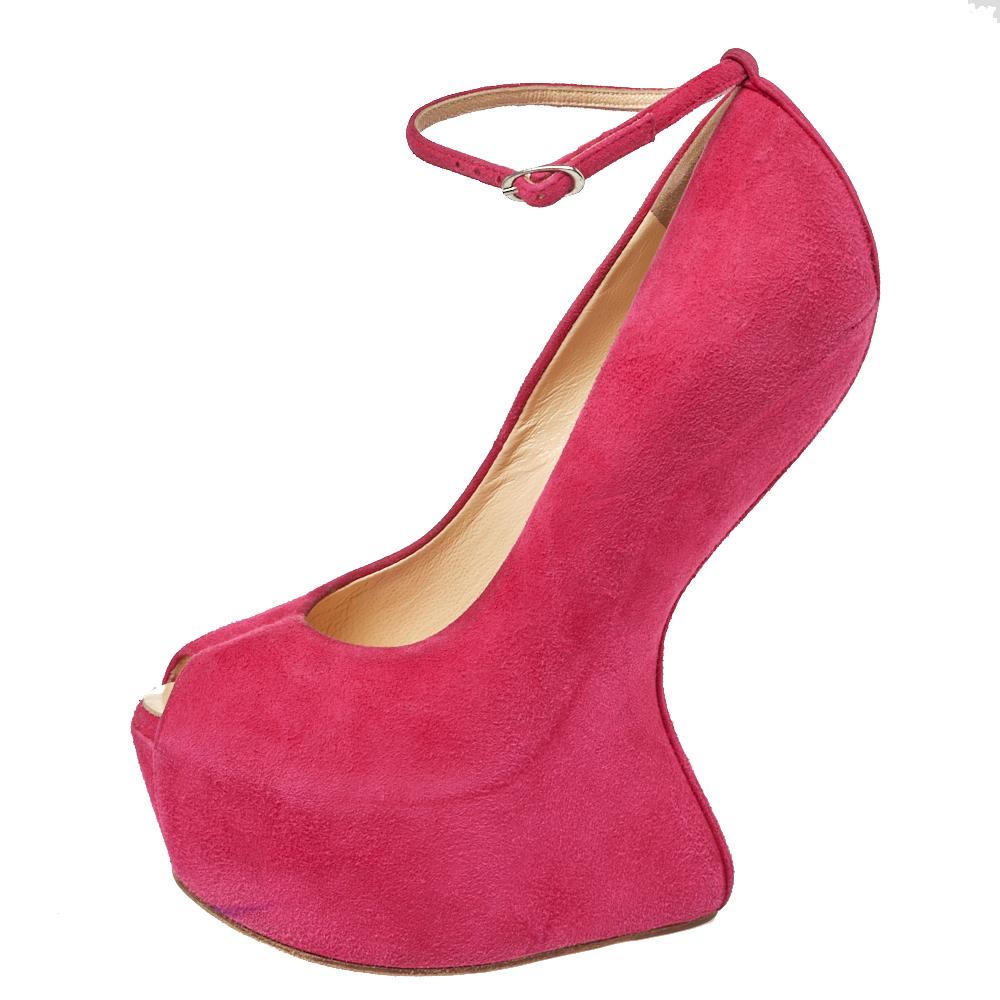 Women's Giuseppe Zanotti Pink Suede Heelless Peep Toe Ankle Strap Pumps Size 35