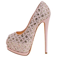 Used Giuseppe Zanotti Pink Woven Coarse Glitter Peep Toe Platform Pumps Size 36