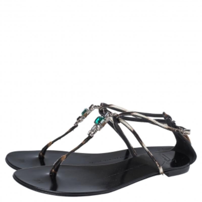 Black Giuseppe Zanotti Pony Hair Crystal Embellished Strappy Flat Sandals Size 41 For Sale
