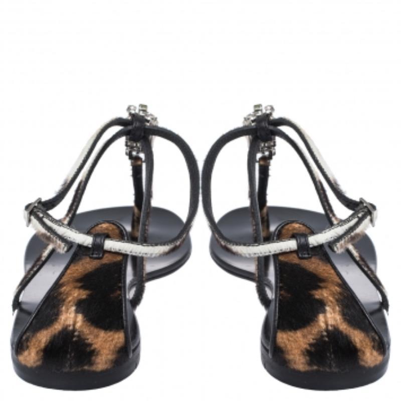 Women's Giuseppe Zanotti Pony Hair Crystal Embellished Strappy Flat Sandals Size 41 For Sale