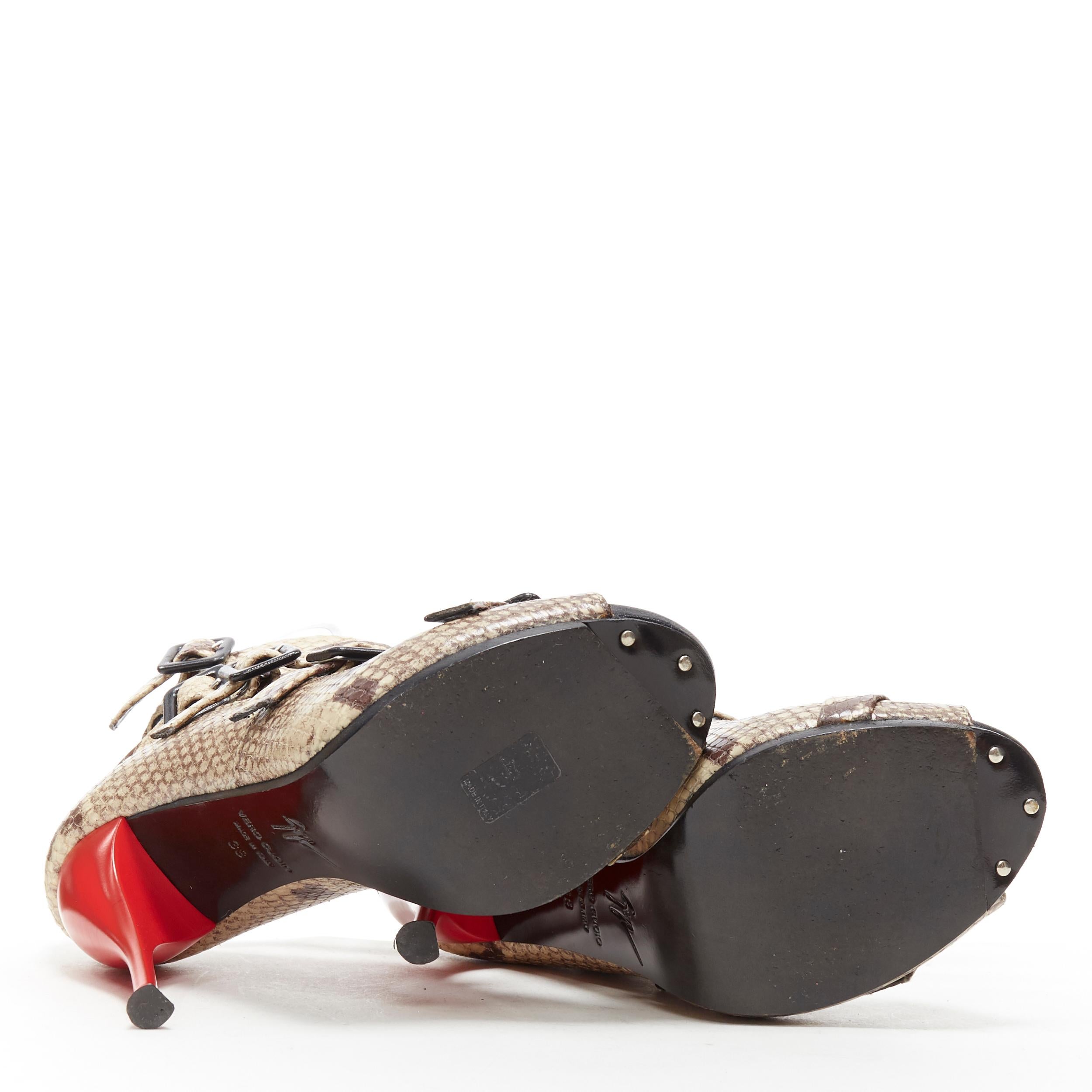 GIUSEPPE ZANOTTI printed calf leather strappy buckle red patent heel sandal EU38 1