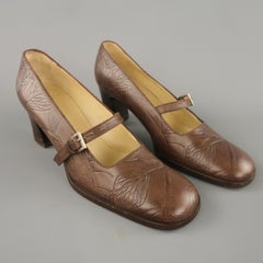 BOTTEGA VENETA Size 8 Brown Leaf Embossed Leather Mary Jane Pumps